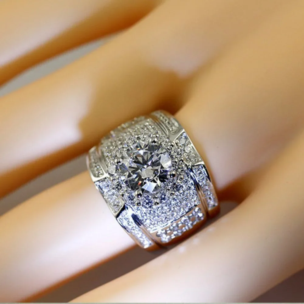 NEW Silver Round Halo Diamond Wide Wedding Band Ring - Picture 3 of 6